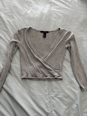 Forever 21 Light Taupe Ribbed Wrap-Front Long Sleeve Top